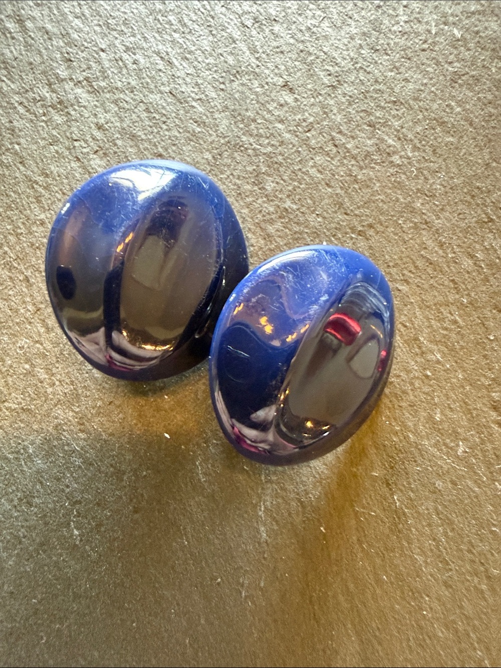 Shiny Deep Blue Oval Clip-On Earrings - Vintage